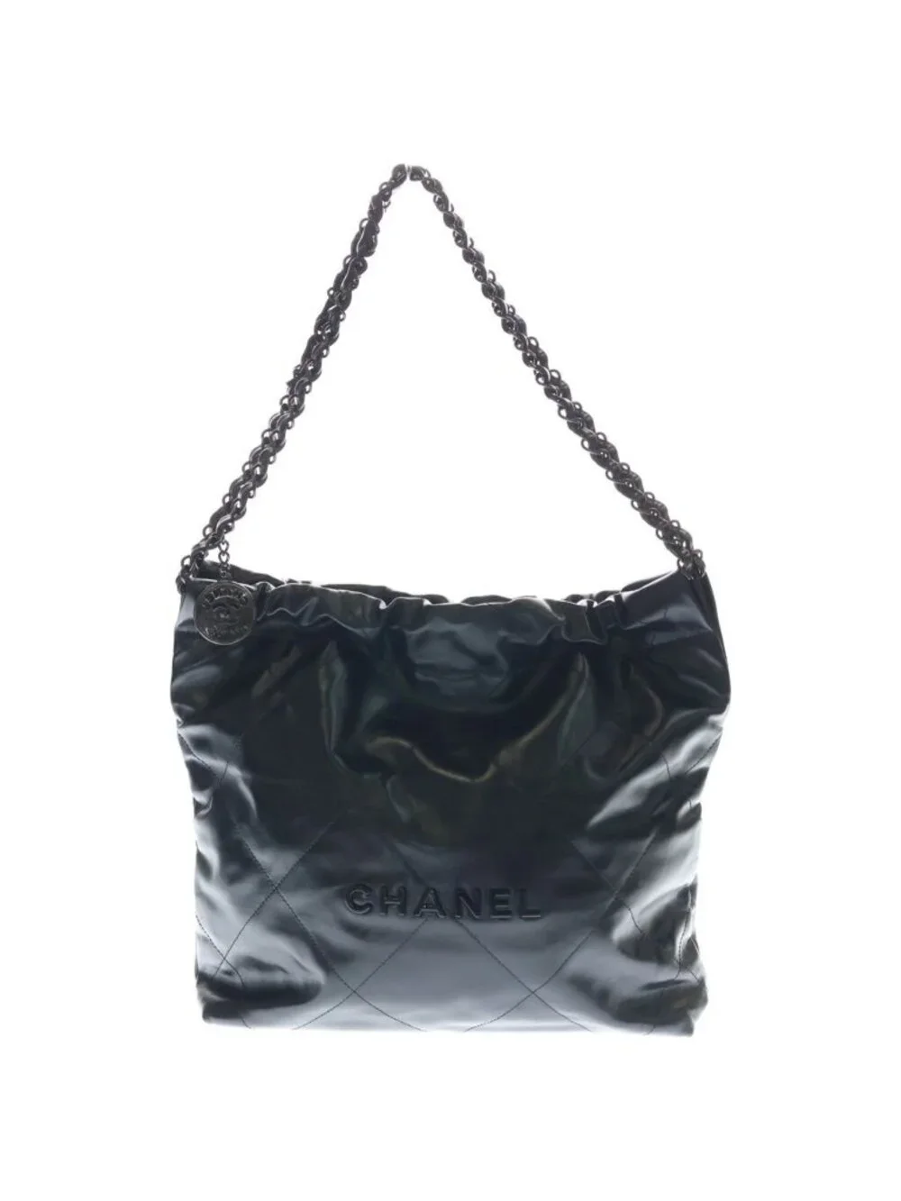 Chanel 22 Small Shiny Calfskin Black Chain Shoulder Bag Tote Plate